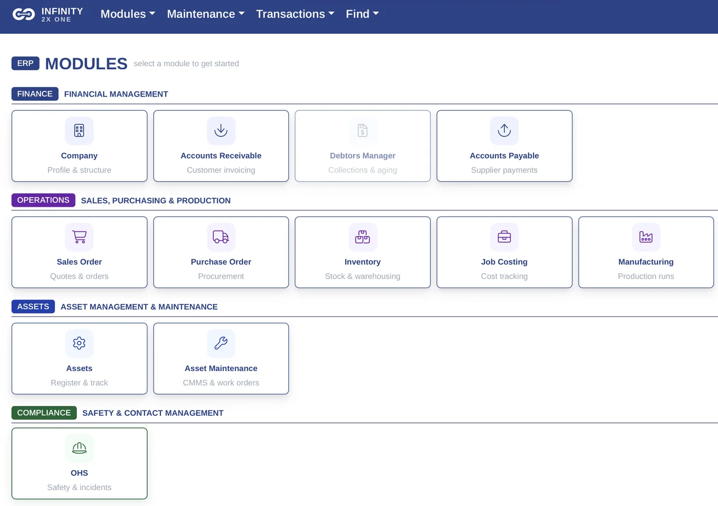 Infinity2X GlassOne ERP modules screen: Accounts Receivable, Accounts Payable, Sales Orders, Purchase Orders, Inventory, Job Costing, Manufacturing, Asset Maintenance and OHS