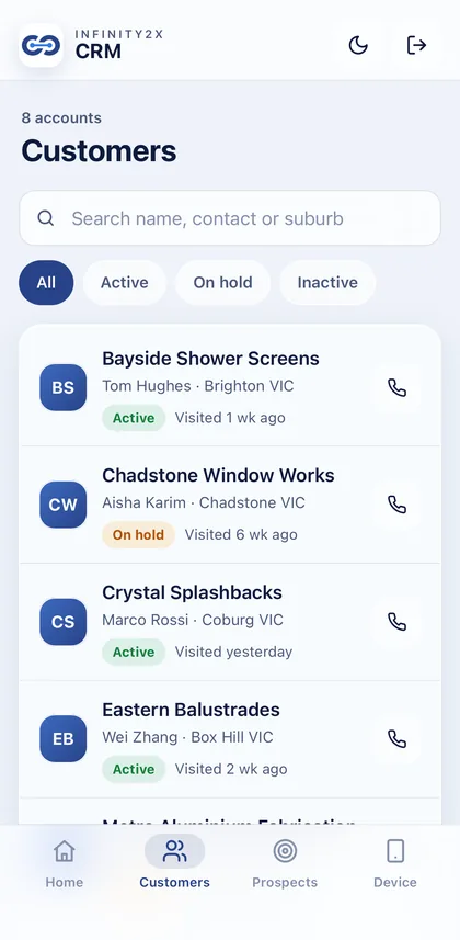 Infinity2X CRM customer list filtered by active, on hold and inactive glass trade accounts